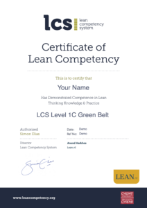 Een certificaat van bekwaamheid in Lean, met de aanduiding 'LCS Level 1C Green Belt'. Dit certificaat bevestigt dat de genoemde persoon competentie heeft aangetoond in Lean denken, kennis en praktijk. Het logo van de Lean Competency System en de verwijzing naar Lean.nl zijn prominent aanwezig, naast de handtekening van de autoriserende directeur, wat aangeeft dat het een geaccrediteerde erkenning is binnen de 'lean green belt' discipline.