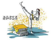 Illustratie van een persoon in een judopak die een hoge trap uitvoert naast een stapel boeken in de kleuren wit, geel en oranje, symbolisch voor de niveaus White Belt, Yellow Belt en Orange Belt, die de progressie van een Lean White Belt tot en met een Lean Orange Belt voorstellen, als fundament van Lean training en opleiding.