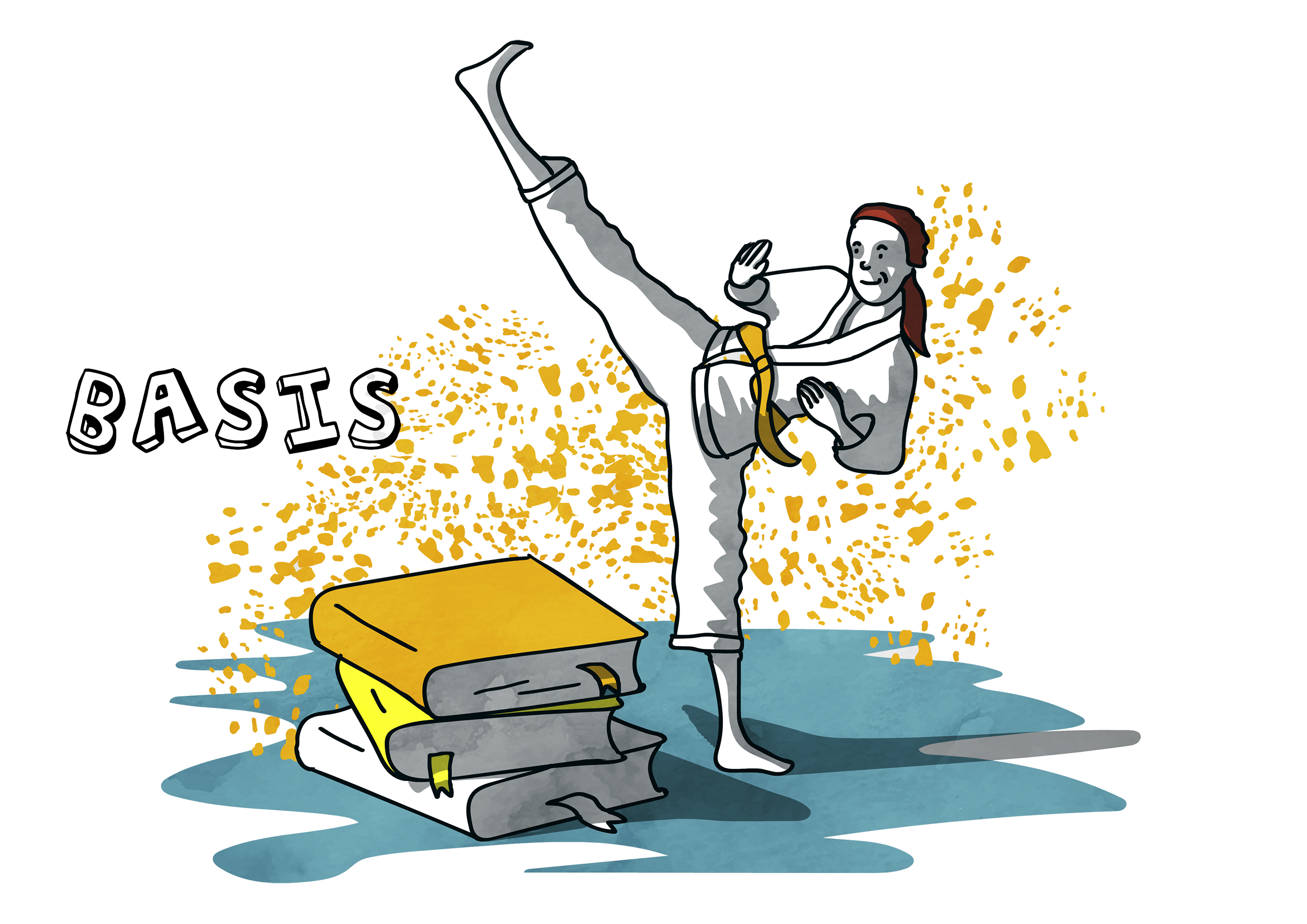 Illustratie van een persoon in een judopak die een hoge trap uitvoert naast een stapel boeken in de kleuren wit, geel en oranje, symbolisch voor de niveaus White Belt, Yellow Belt en Orange Belt, die de progressie van een Lean White Belt tot en met een Lean Orange Belt voorstellen, als fundament van Lean training en opleiding.