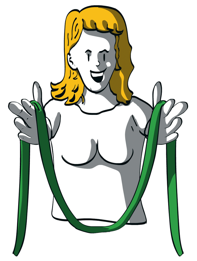 Illustratie van een geanimeerd persoon met blonde haren in een klassieke pose, die symbolisch een groene band vasthoudt, verwijzend naar de principes van Lean Green Belt training.
