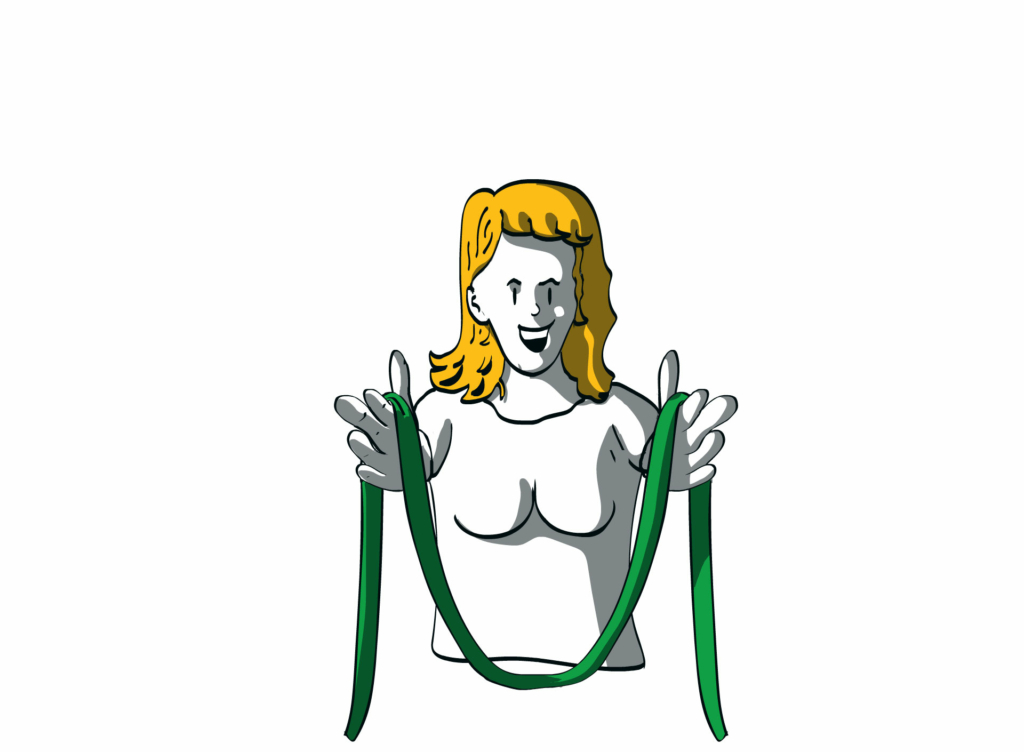 Een illustratie van een stripfiguur vrouw met blonde haren die een wit shirt draagt en twee groene linten vasthoudt. De linten lijken te symboliseren dat zij een prestatie heeft bereikt of een status heeft verkregen, wat kan verwijzen naar de voltooiing van een 'Lean Green Belt training.