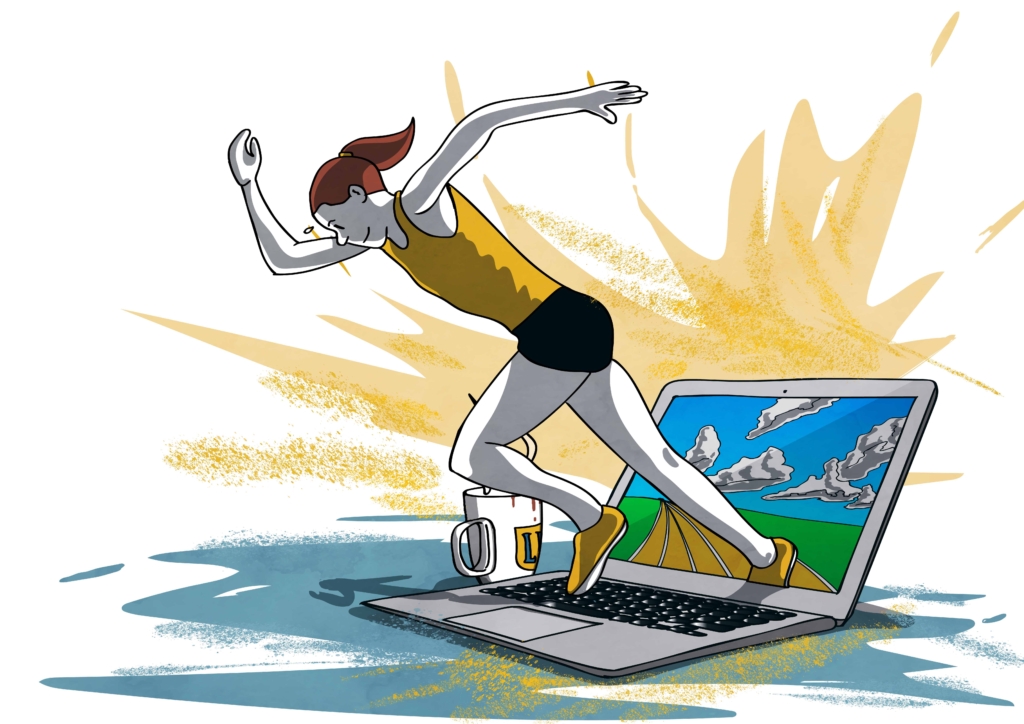 Een illustratie van een persoon die energiek uit het scherm van een laptop springt, wat de dynamische en interactieve aard van online Lean trainingen van Lean.nl symboliseert.